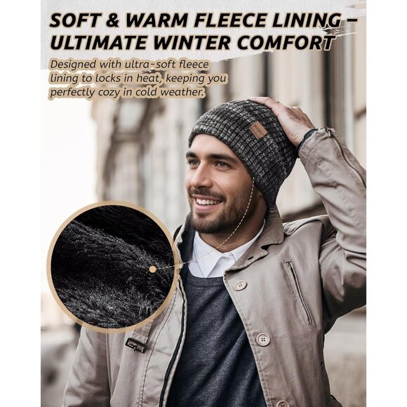 Unisex  Mix Black Blue Warm Fleece-Lined Knit Beanie Skull Cap for Cold Weather - Picture 4 of 7